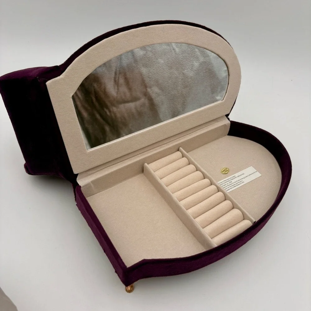 Burgundy Velvet Chaise Lounge Jewelry Box Miniature Sofa with Mirror & Ring